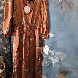 Umgee Rust Brown Leopard Print Satin Dress
